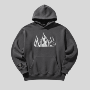 Travis Scott La Flam Grey Hoodie front view in grey (gray) with hood, kangaroo pocket, front graphic.